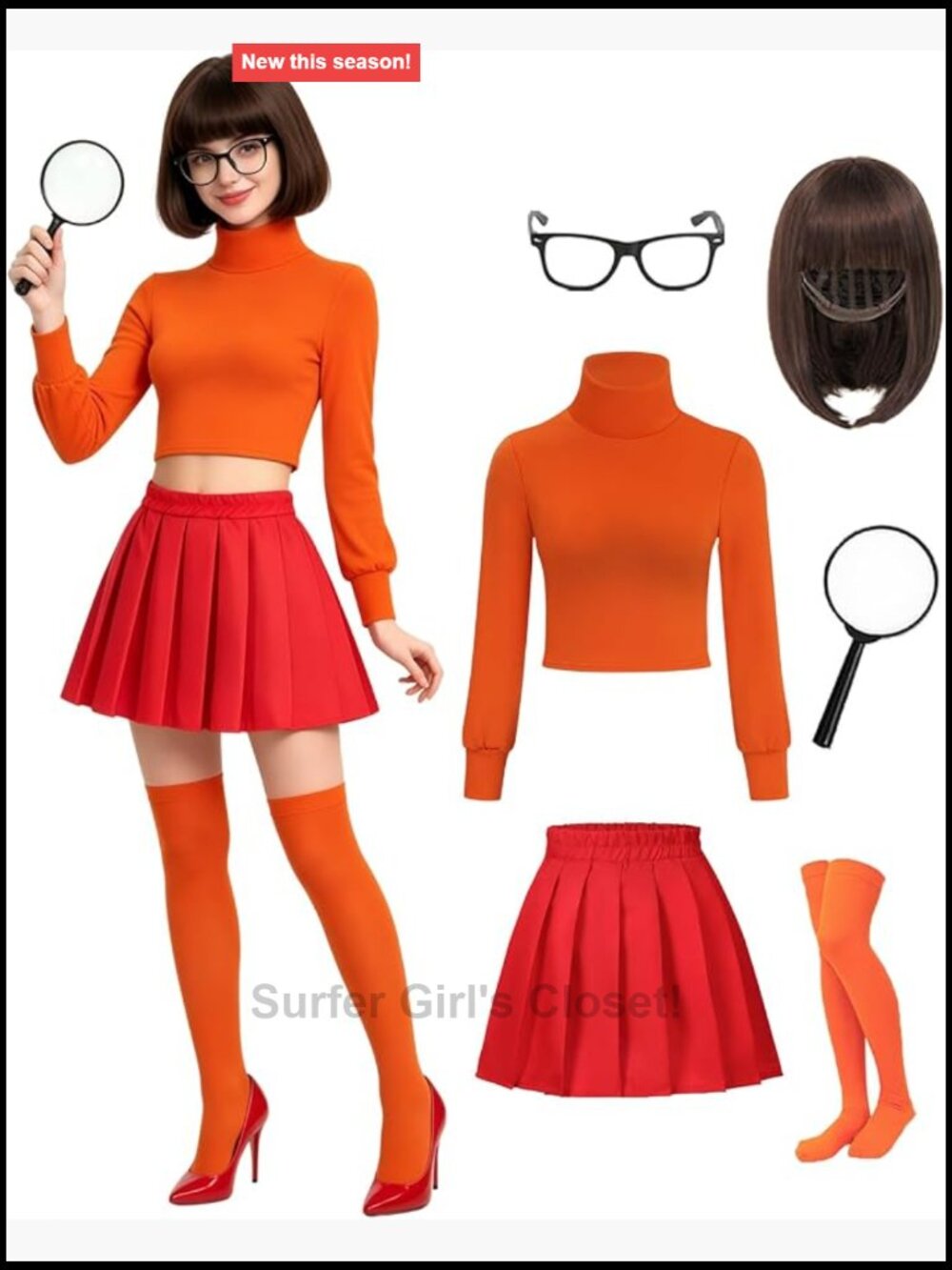 7pc Women's Halloween Velma Costume Set with Wig Glasses Socks